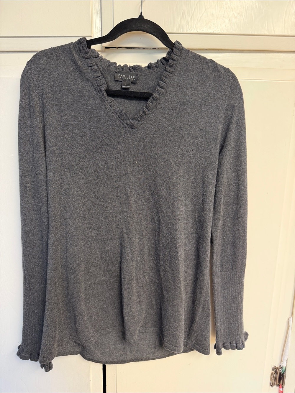 Carlisle Dark Charcoal Ruffle-Trim V-Neck Sweater